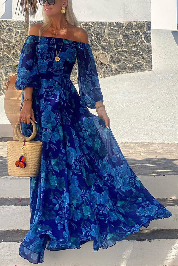Luna™ | Long Floral Print Dress with Off-the-Shoulder Sleeves