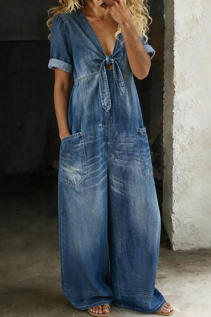 Maya - Relaxed Tie-Front Denim Jumpsuit