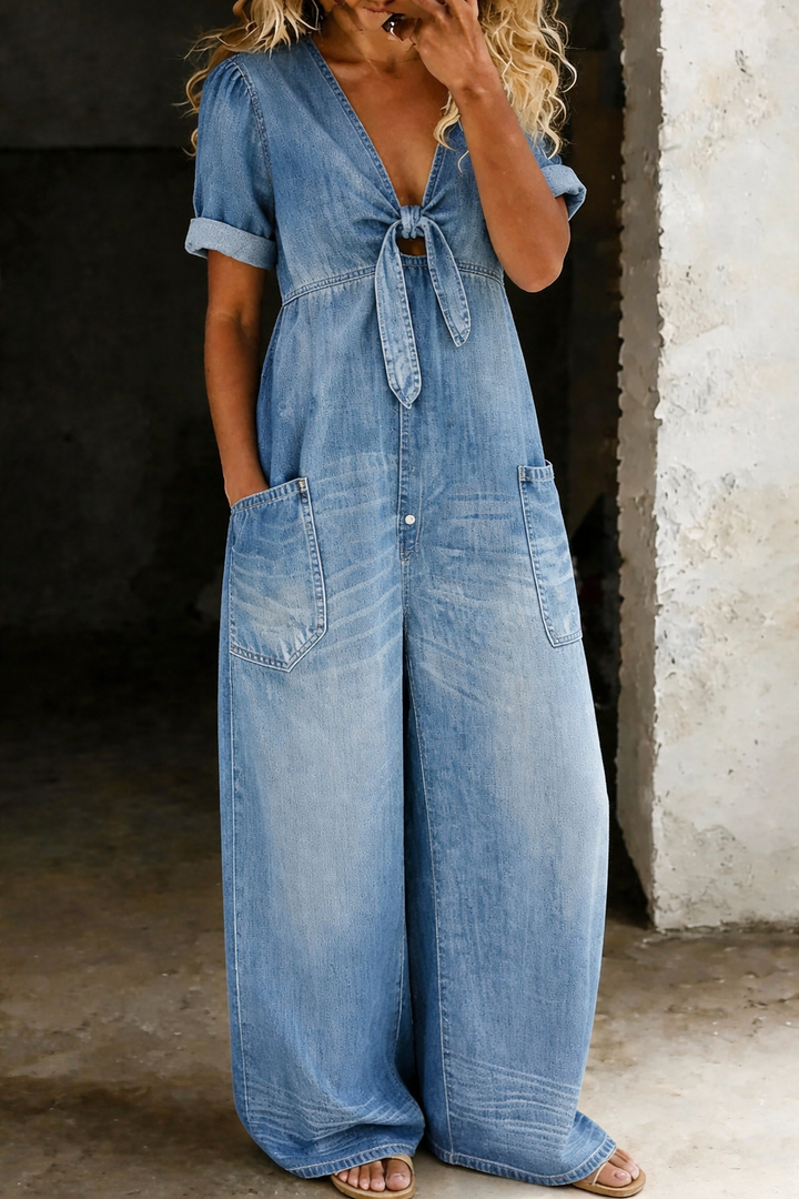 Maya - Relaxed Tie-Front Denim Jumpsuit