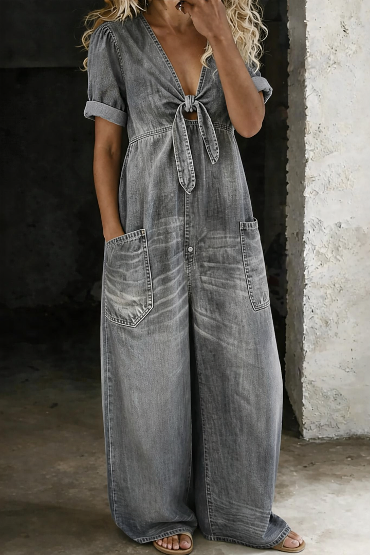 Maya - Relaxed Tie-Front Denim Jumpsuit