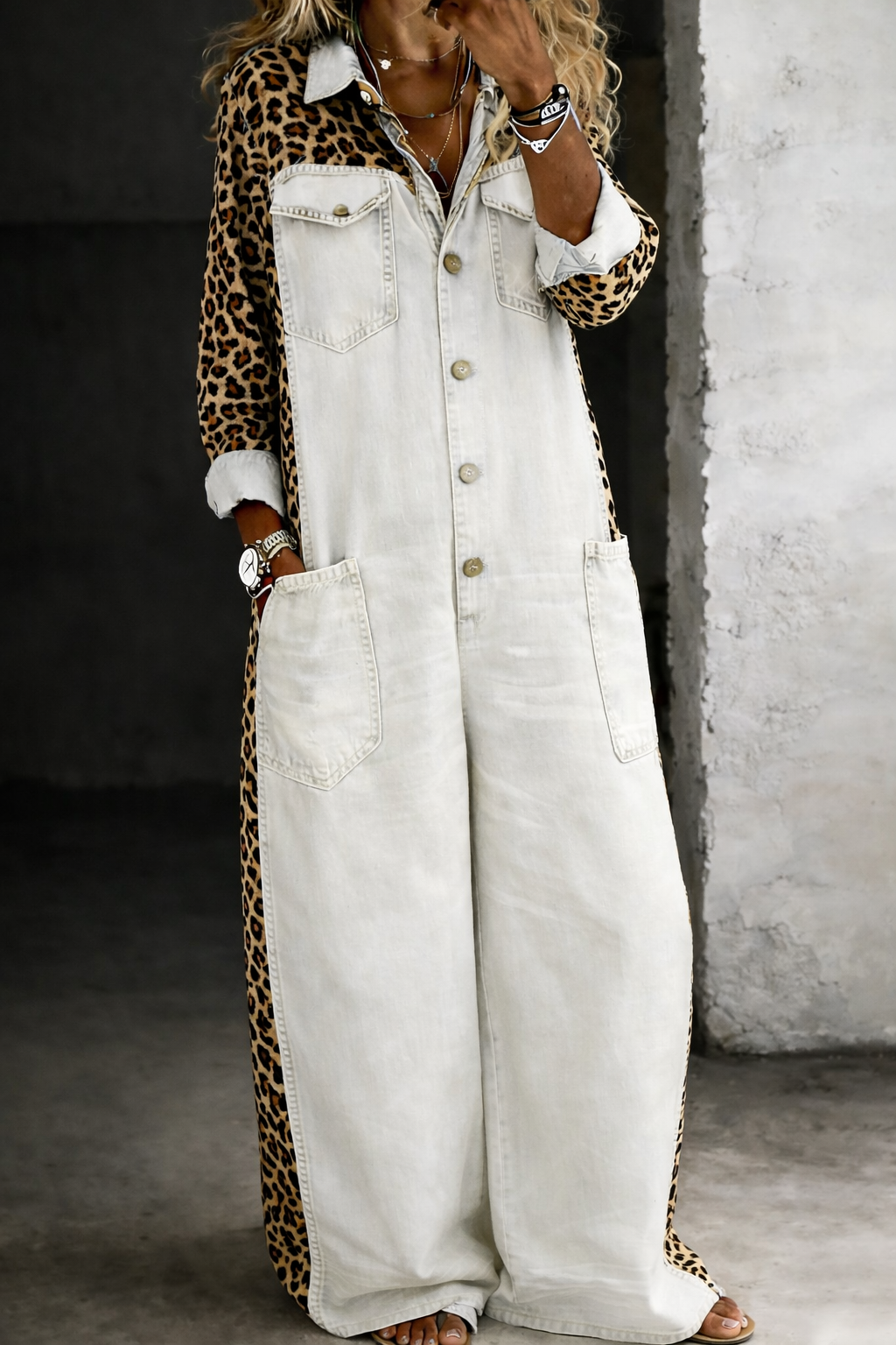 Amanda - Leopard Contrast Wide-Leg Denim Jumpsuit