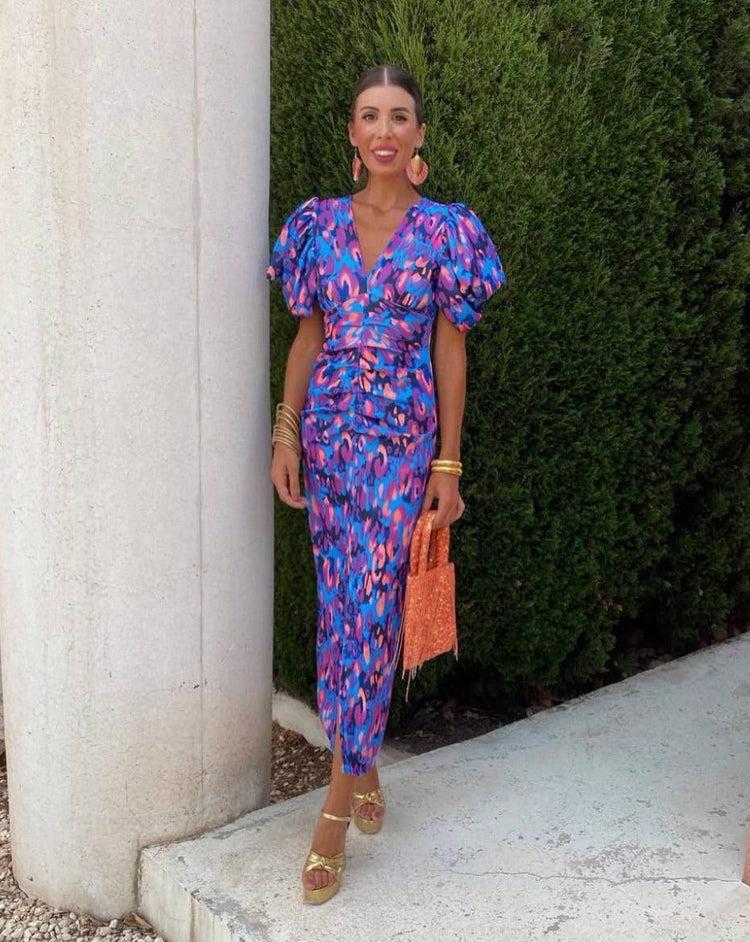 Aurora™ | Vibrant Midi Dress with Puff Sleeves